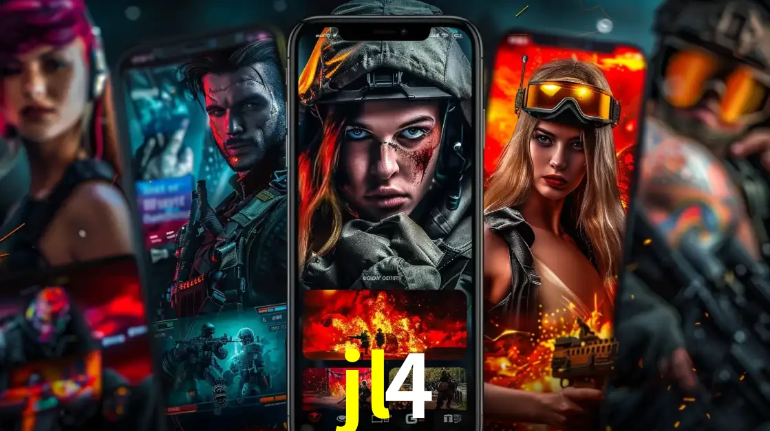 Montagem de telas de celular mostrando diversos personagens, masculinos e femininos, de um jogo de tiro, ilustrando a diversidade de equipes de e-sports para apostar no jl4.