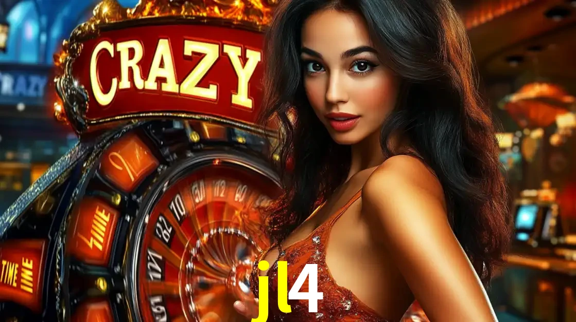 Mulher glamourosa olhando para a câmera com a roda vermelha do Crazy Time ao fundo em um ambiente de cassino, destacando a emoção dos jogos ao vivo no jl4.