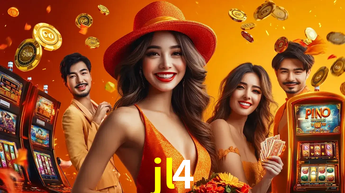 Grupo de amigos asiáticos sorrindo e se divertindo com máquinas de caça-níqueis em um ambiente festivo, celebrando suas vitórias nos jogos de cassino do jl4.